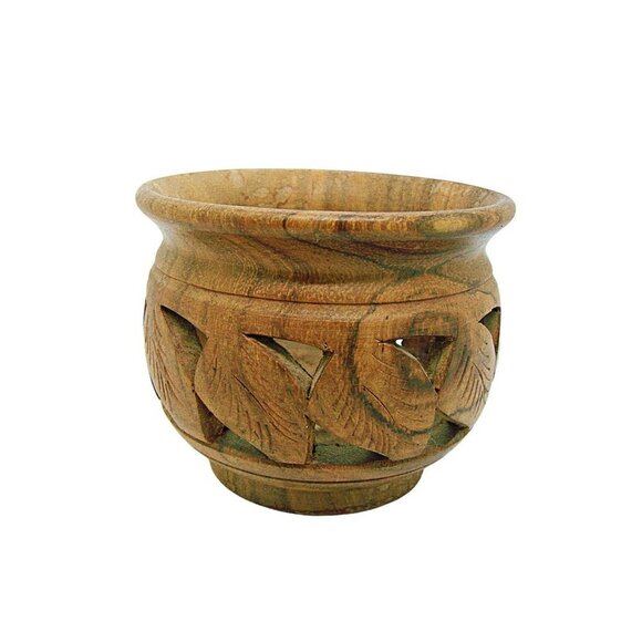 Handmade Hand Carved Wooden Bowl Trinket Dish Brown Round Shape Leaf Design 4x3 - Picture 2 of 11